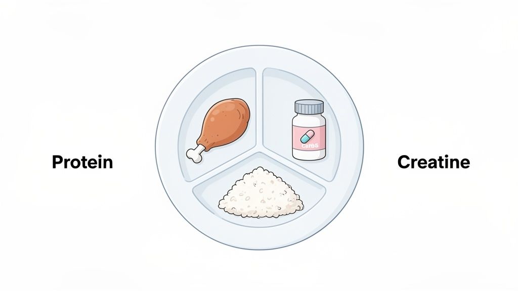 A segmented plate displaying a chicken leg for protein, a pile of rice for carbs, and a creatine supplement bottle, illustrating fitness nutrition.
