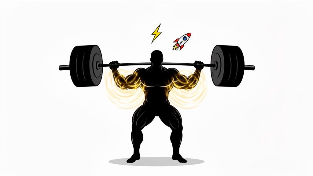 A powerful silhouette of a man lifting a barbell, glowing with energy, a lightning bolt and rocket above.