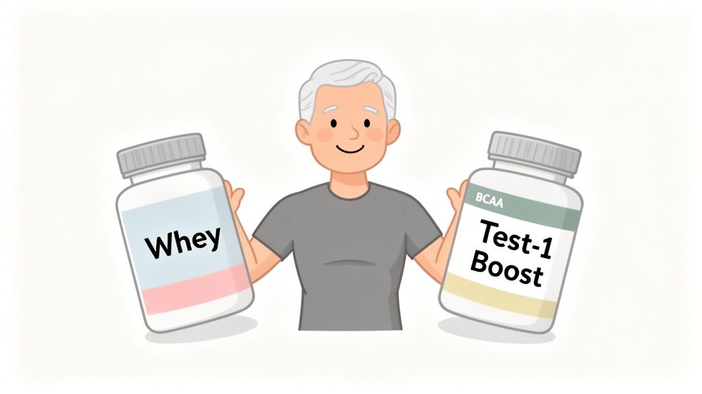 A smiling cartoon man with grey hair holds two supplement bottles, labeled "Whey" and "Test-1 Boost".