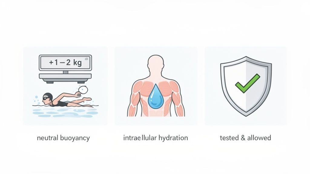 Three icons illustrating creatine benefits for swimmers: neutral buoyancy, intracellular hydration, and tested approval.
