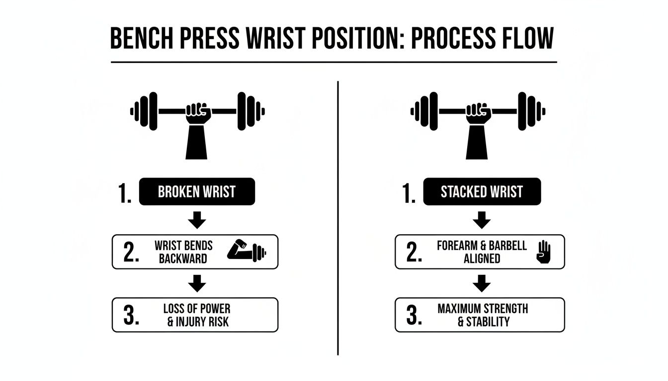 Infographic comparing optimal versus incorrect bench press wrist positions, outlining strength and injury implications.