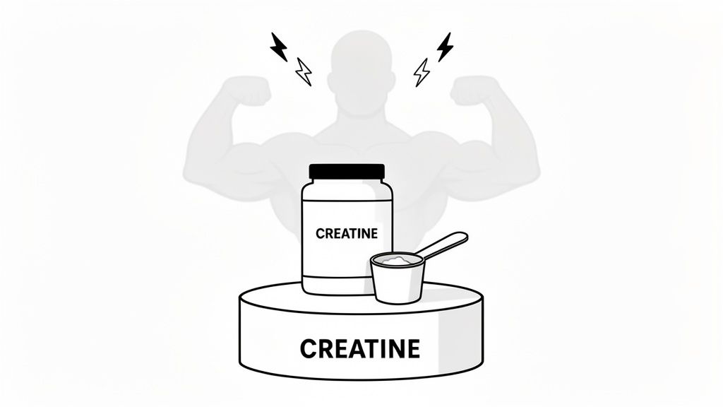 An illustration of a creatine supplement jar and scoop on a pedestal, with a muscular silhouette and lightning bolts.