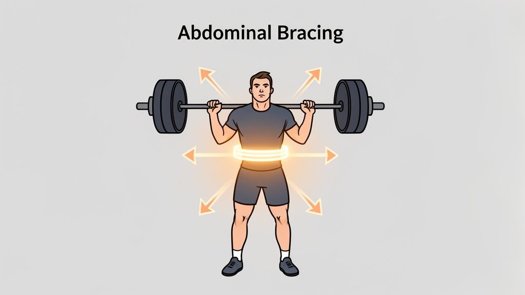 Illustration of a man squatting with a barbell, emphasizing abdominal bracing for core stability.