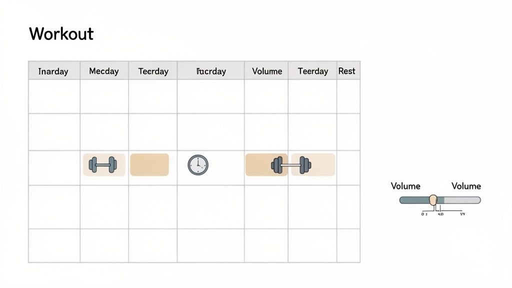 A workout schedule grid showing daily activities like weight training and rest days, with a volume slider.