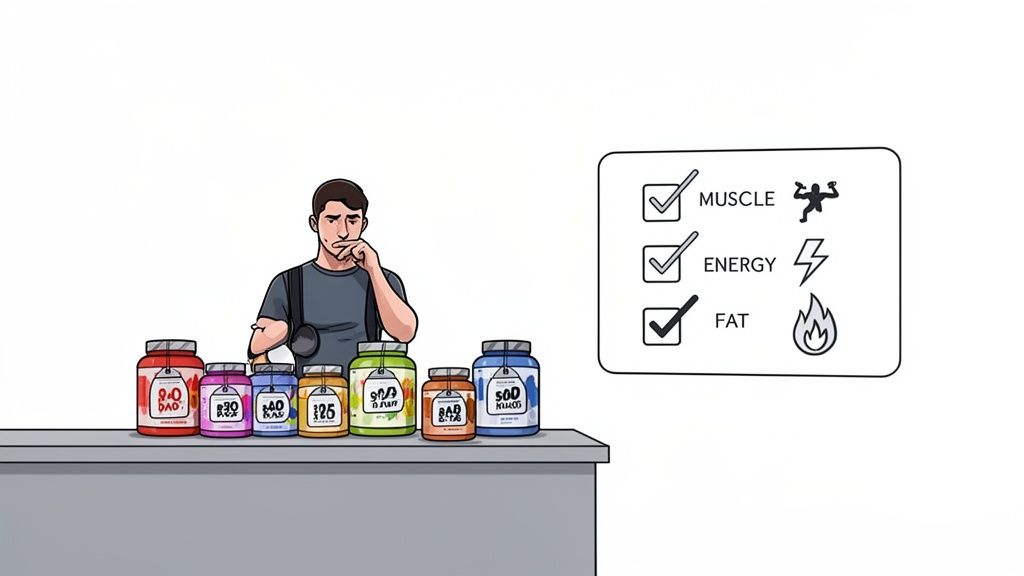 A man considers various supplement jars on a table, next to a checklist for muscle, energy, and fat loss.