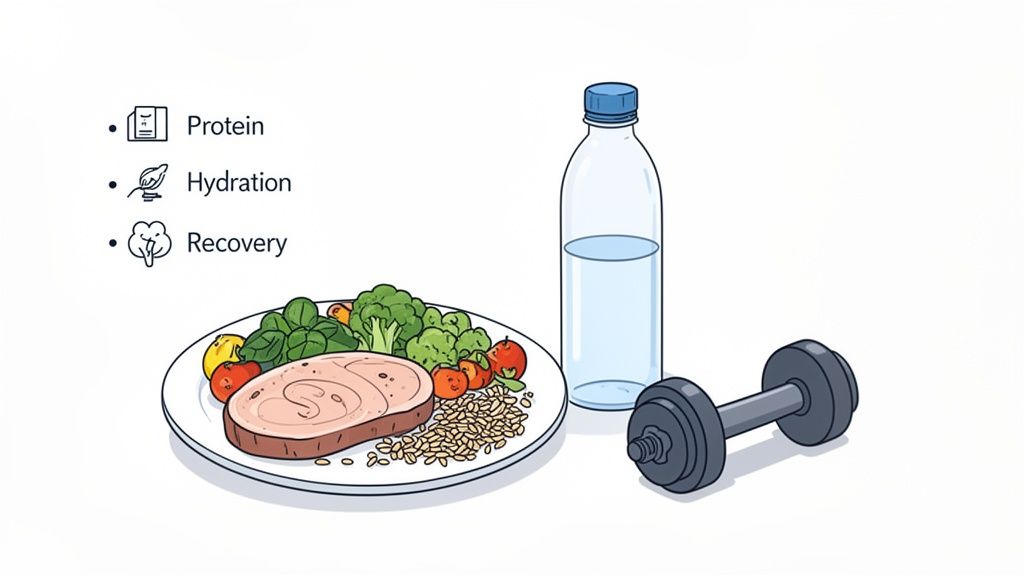 An illustration showing a healthy meal, water bottle, dumbbell, and text about protein, hydration, and recovery.