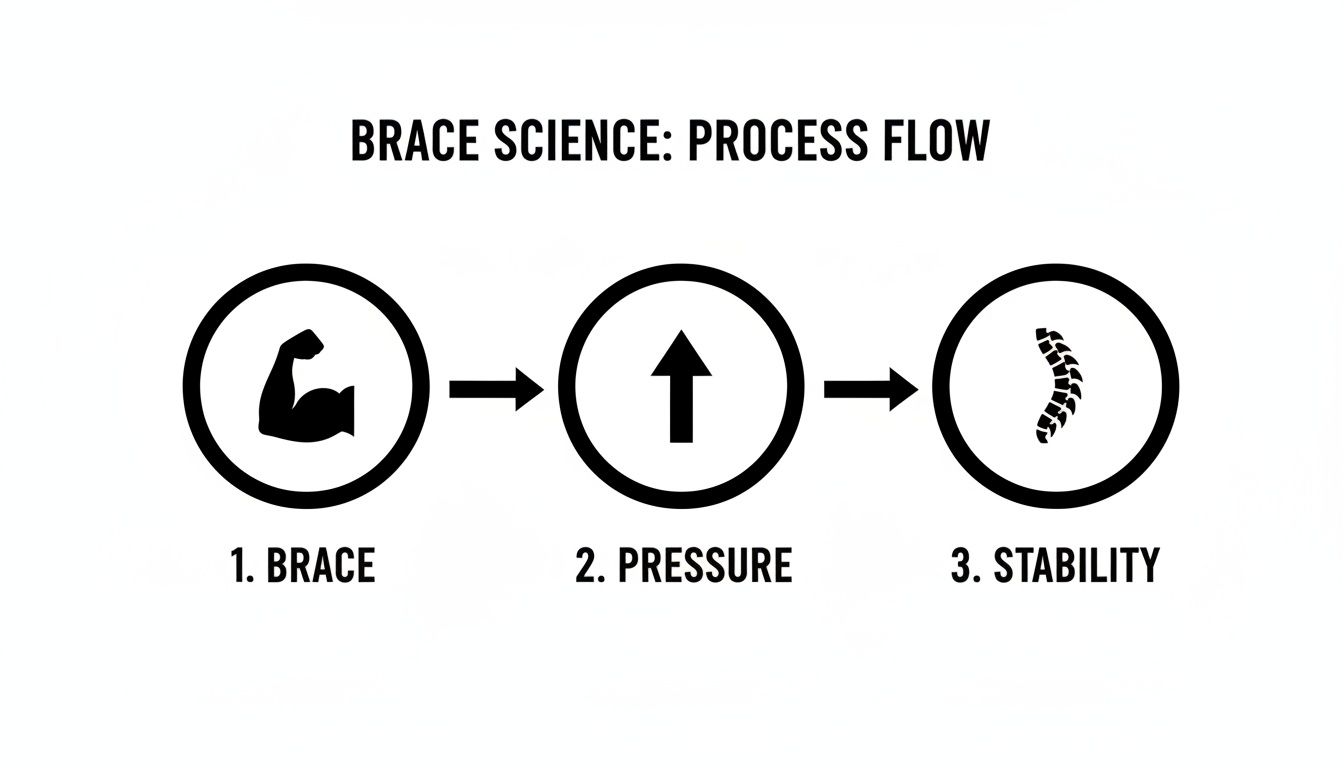 A diagram illustrating the Brace Science process flow: 1. Brace (muscle icon), 2. Pressure (up arrow icon), 3. Stability (spine icon).
