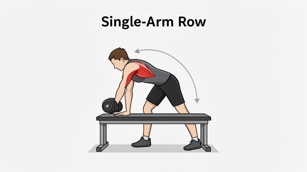 Illustration of a person performing a single-arm dumbbell row exercise on a bench, targeting back muscles.