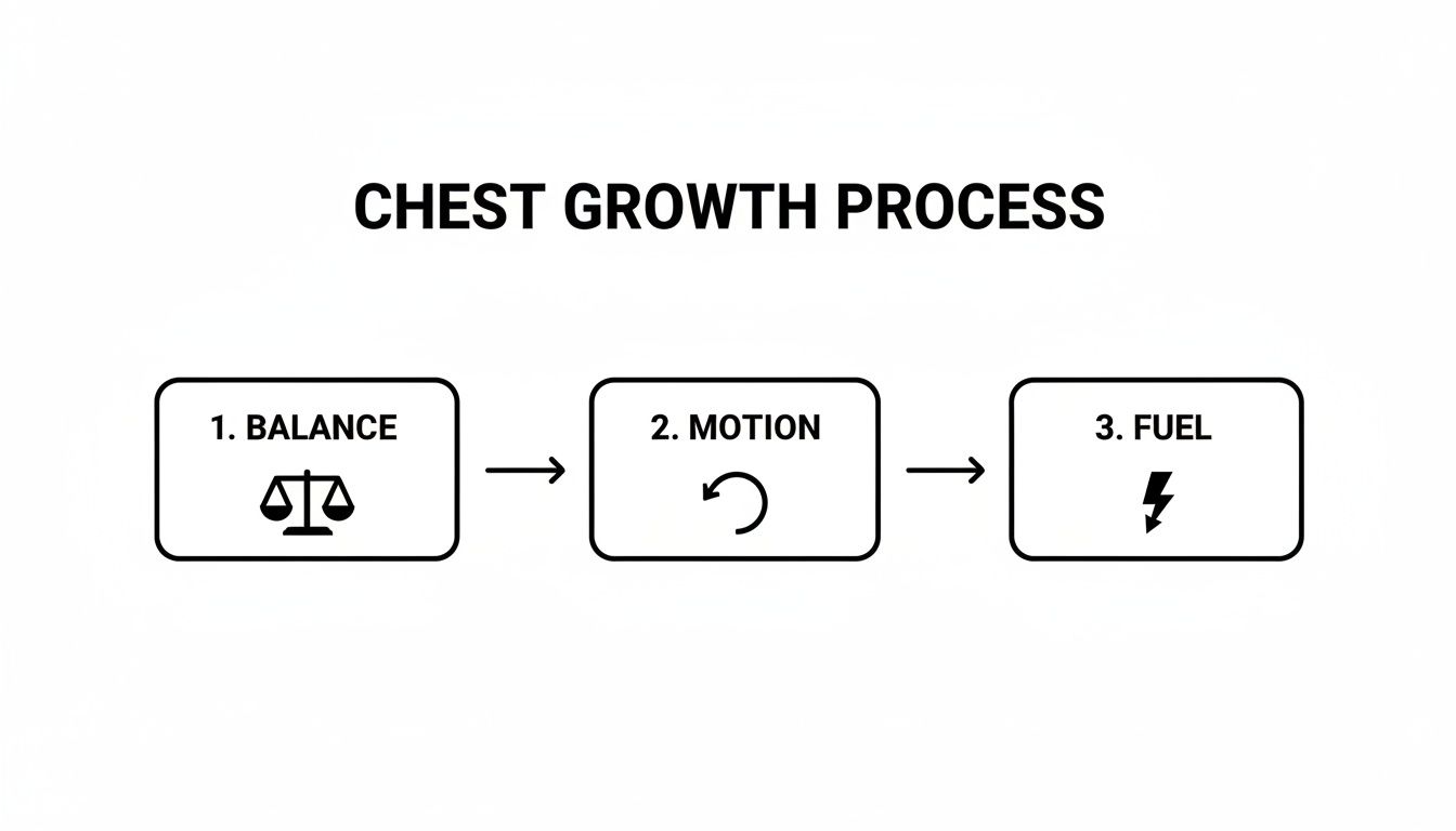 Infographic illustrating the chest growth process with three sequential steps: Balance, Motion, and Fuel.