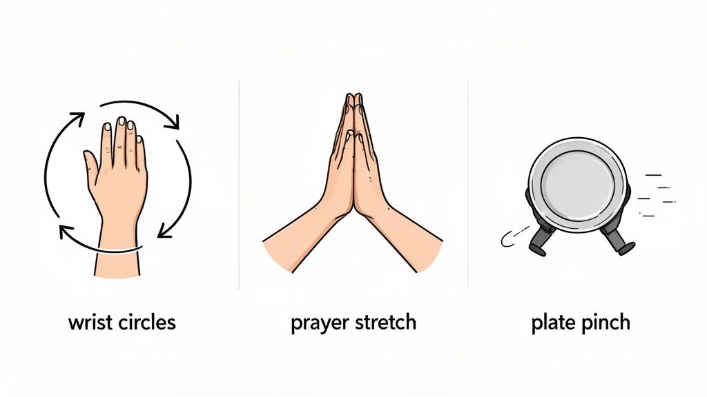 Three illustrations depicting different hand and wrist exercises: wrist circles, prayer stretch, and plate pinch.