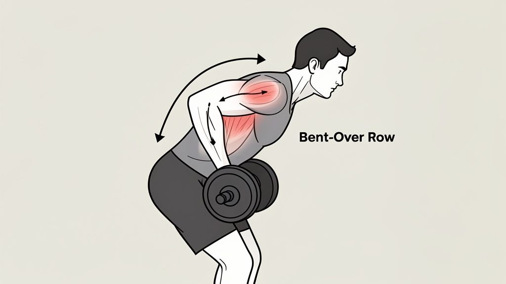 An illustration of a man performing a bent-over dumbbell row, highlighting the working back and arm muscles.