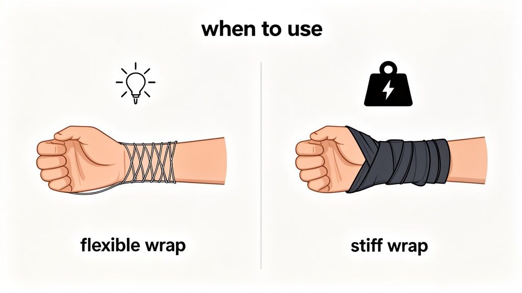 Diagram showing a flexible wrist wrap for light use (lightbulb icon) and a stiff wrist wrap for heavy lifting (weight icon).