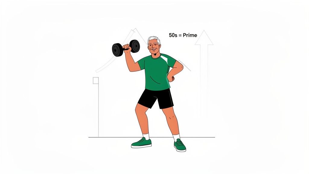 A fit older man in his 50s lifting a dumbbell, smiling, with '50s = Prime' text.
