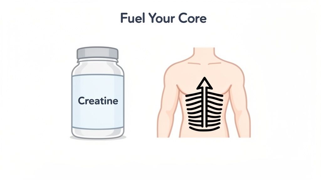 An illustration of a creatine supplement bottle next to a human torso, representing fueling the core.