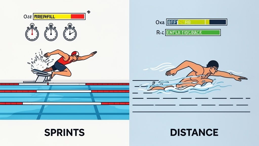 Two contrasting illustrations show swimmers engaging in sprints from a diving block and distance swimming.