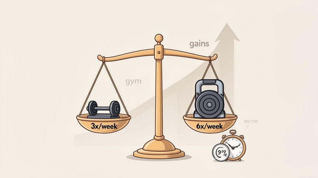 Balance scale comparing 3x/week dumbbell workouts to 6x/week kettlebell workouts, representing gains and free time.