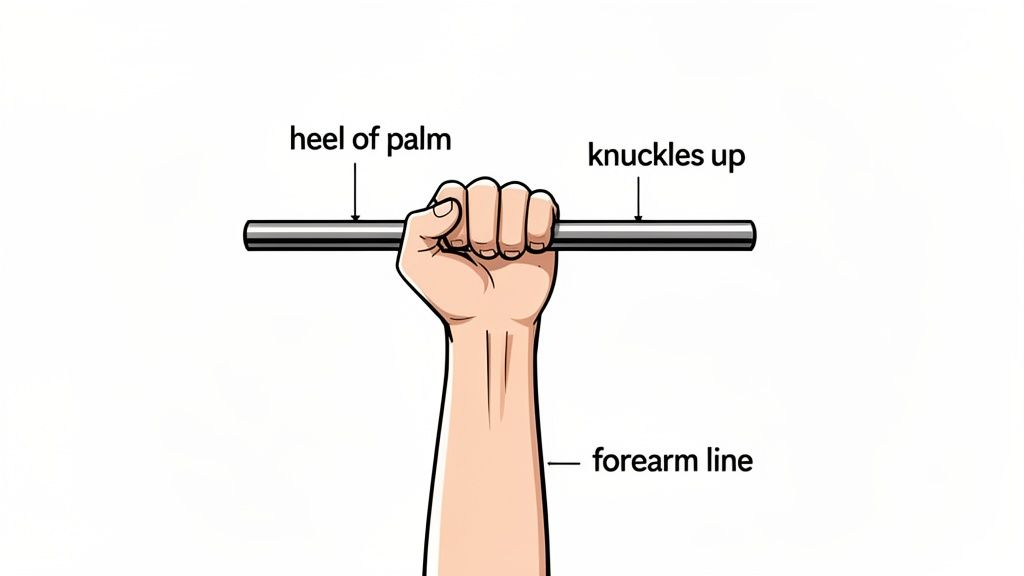 Illustration of a hand gripping a bar, showing correct wrist and forearm alignment.