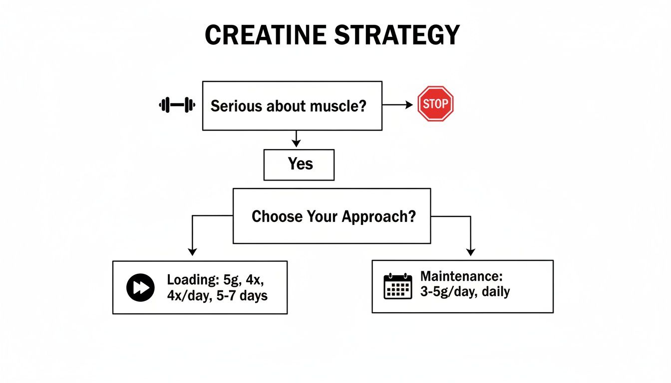 Flowchart illustrating creatine strategy, with options for loading (5g, 4x/day) or daily maintenance (3-5g).
