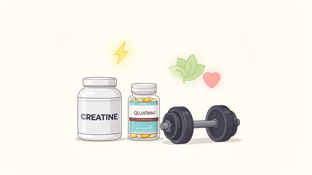 An illustration showing two supplement bottles, a dumbbell, and icons for energy, nature, and heart health.