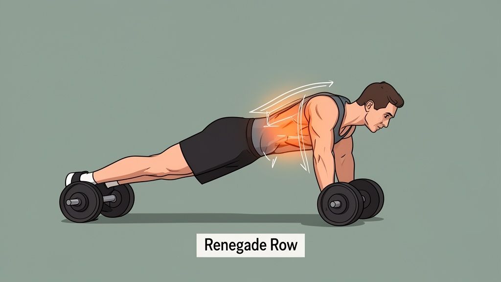 A man performing a renegade row exercise with dumbbells, highlighting engaged back and core muscles.