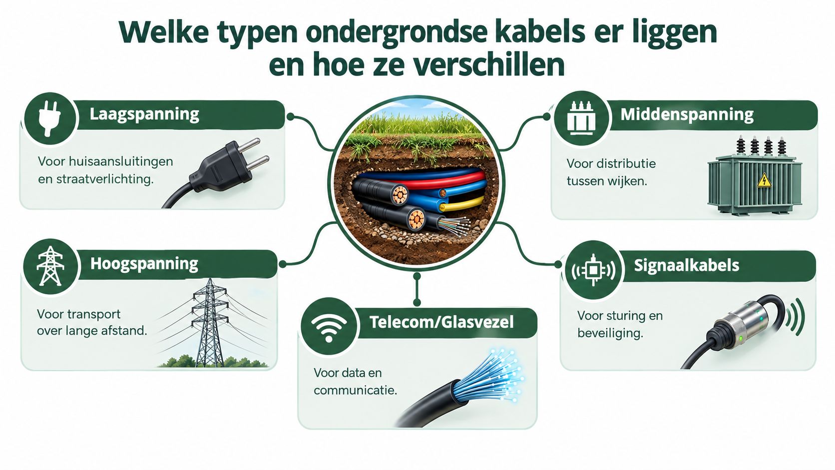 Een informatieve afbeelding die de verschillende soorten ondergrondse kabels en hun specifieke toepassingen in de infrastructuur toont.