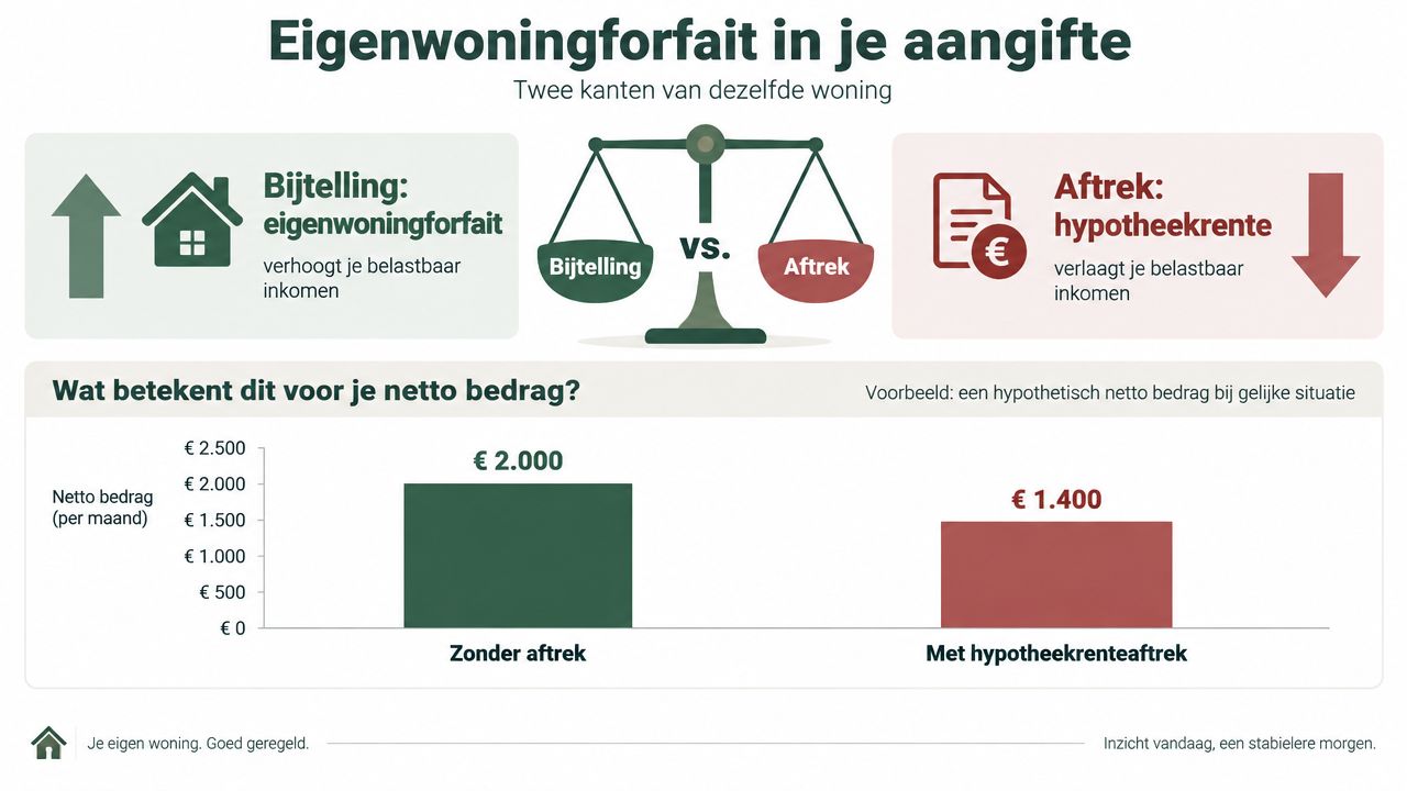 Een infographic die de balans uitlegt tussen het eigenwoningforfait en de hypotheekrenteaftrek voor je belastbaar inkomen.