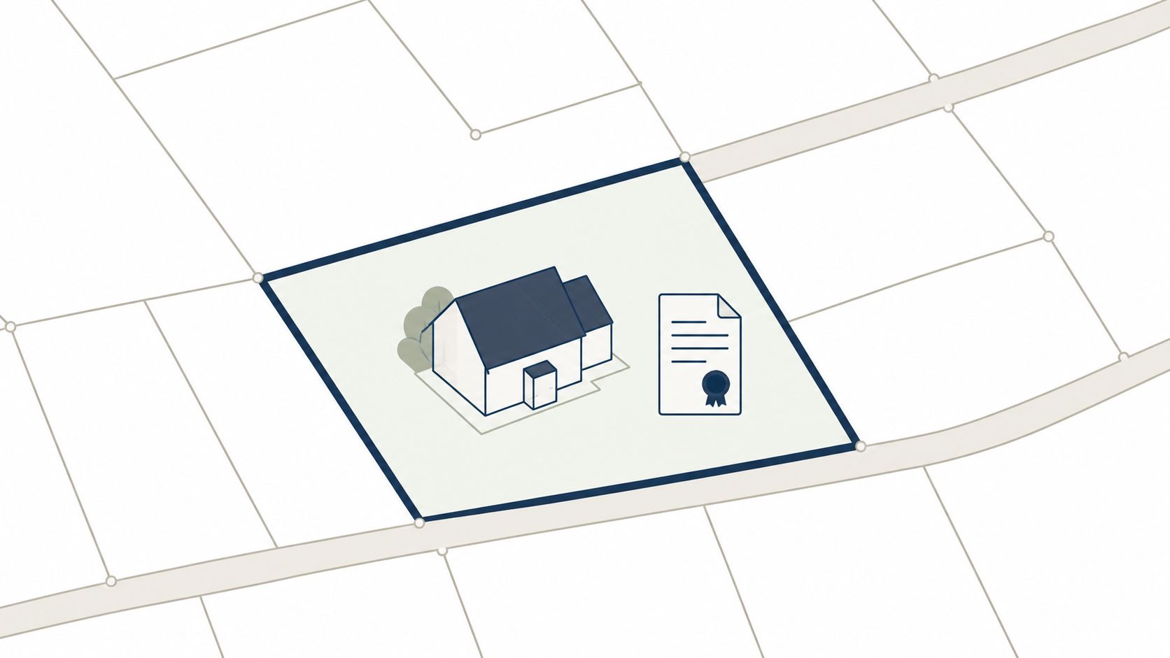 Een vereenvoudigde illustratie van een perceel grond met een woonhuis en een officieel juridisch eigendomsdocument.