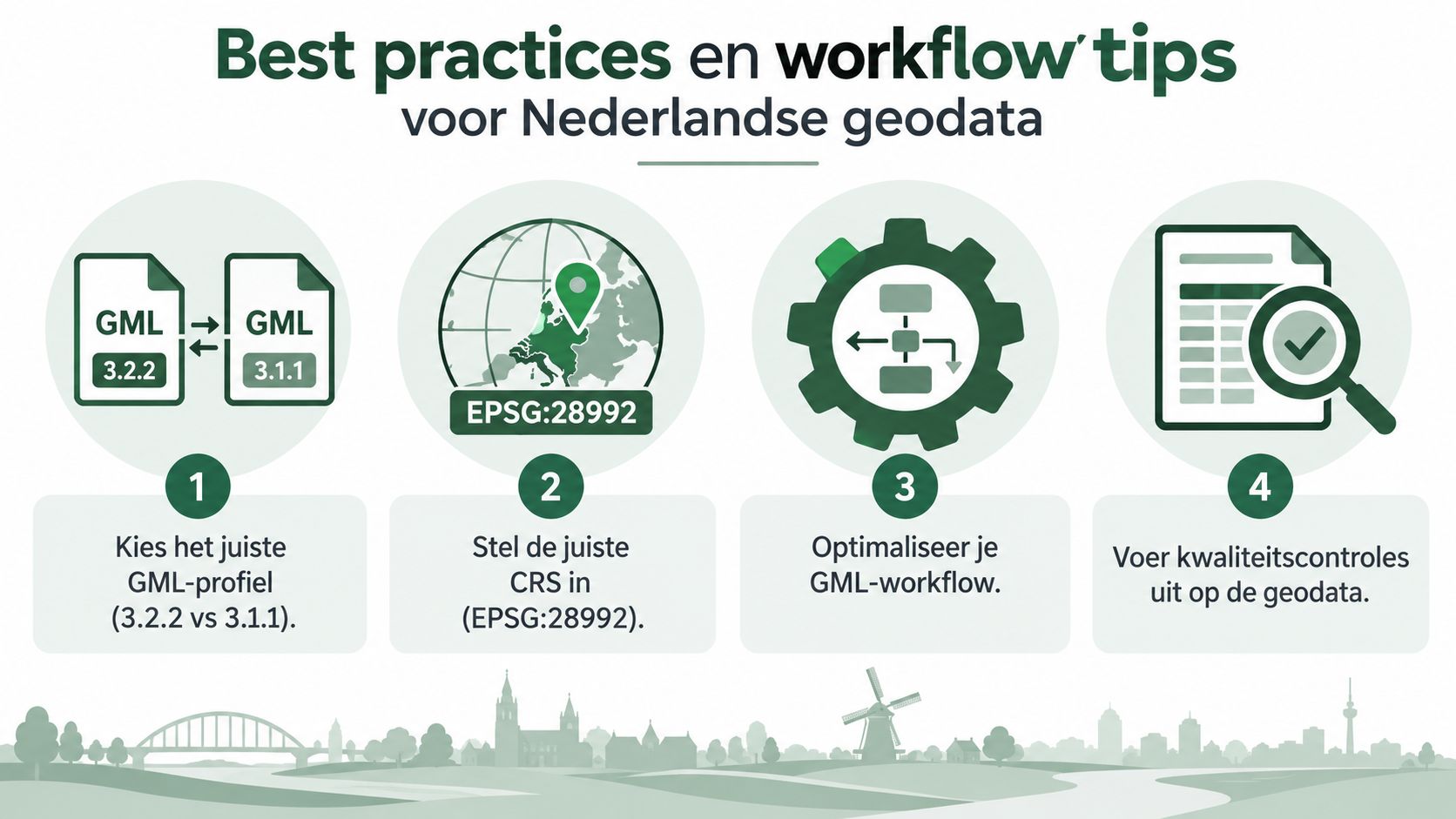 Infographic met vier tips voor het optimaal beheren en verwerken van Nederlandse geodata en GML-bestanden.