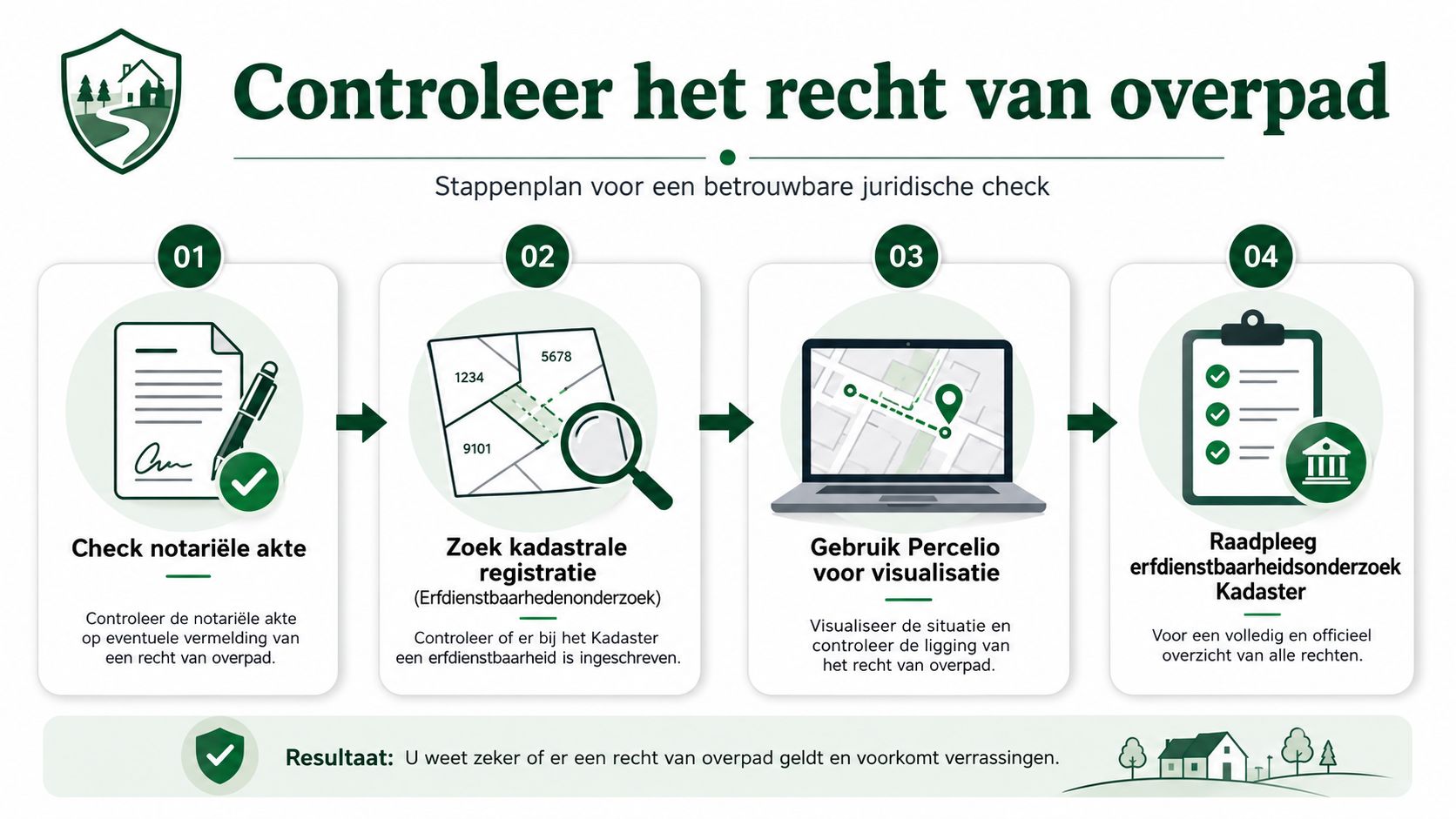 Stappenplan voor een juridische check van een recht van overpad om onverwachte situaties te voorkomen.