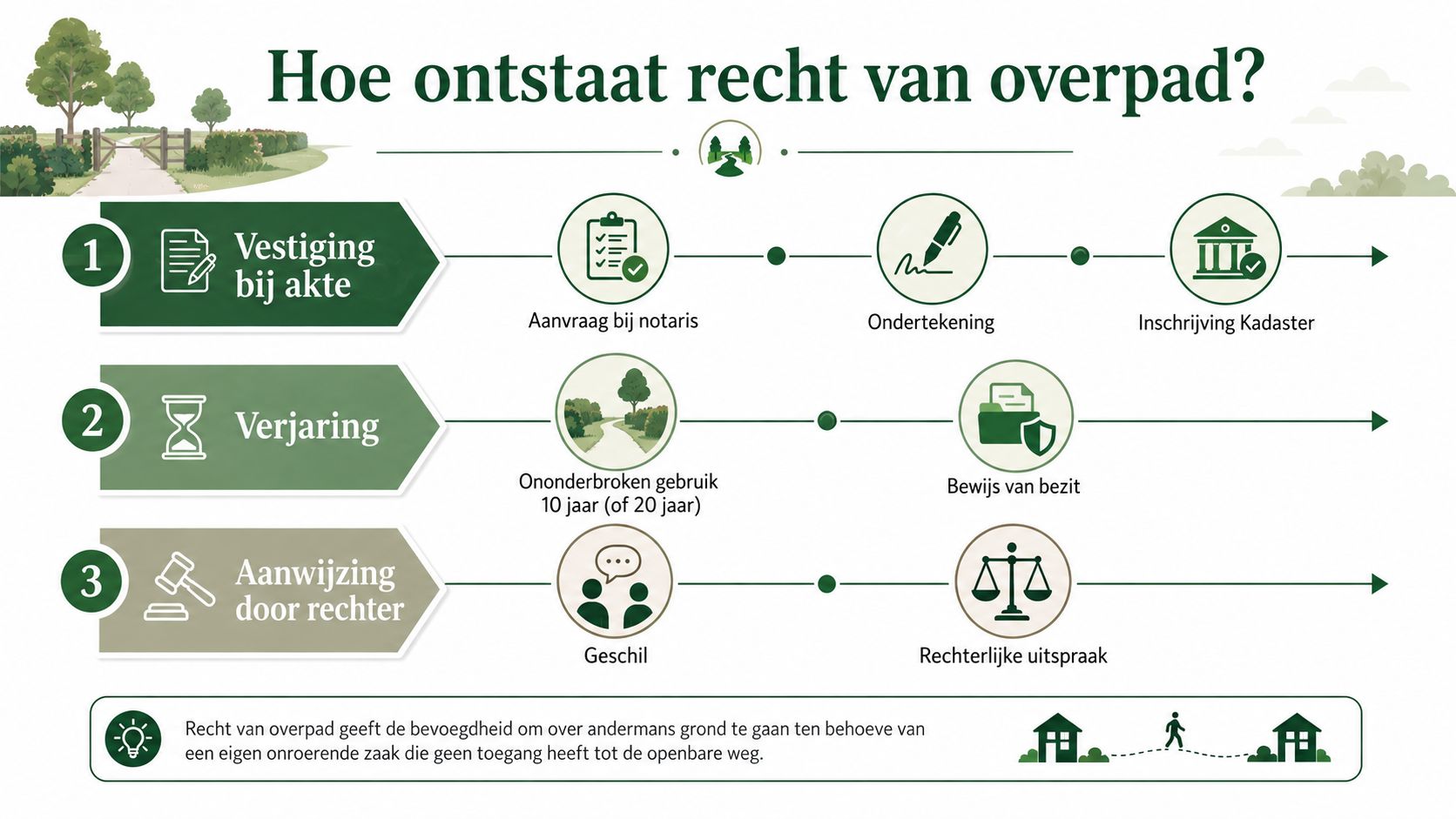 Een infographic die de drie manieren uitlegt waarop een recht van overpad kan ontstaan in Nederland.