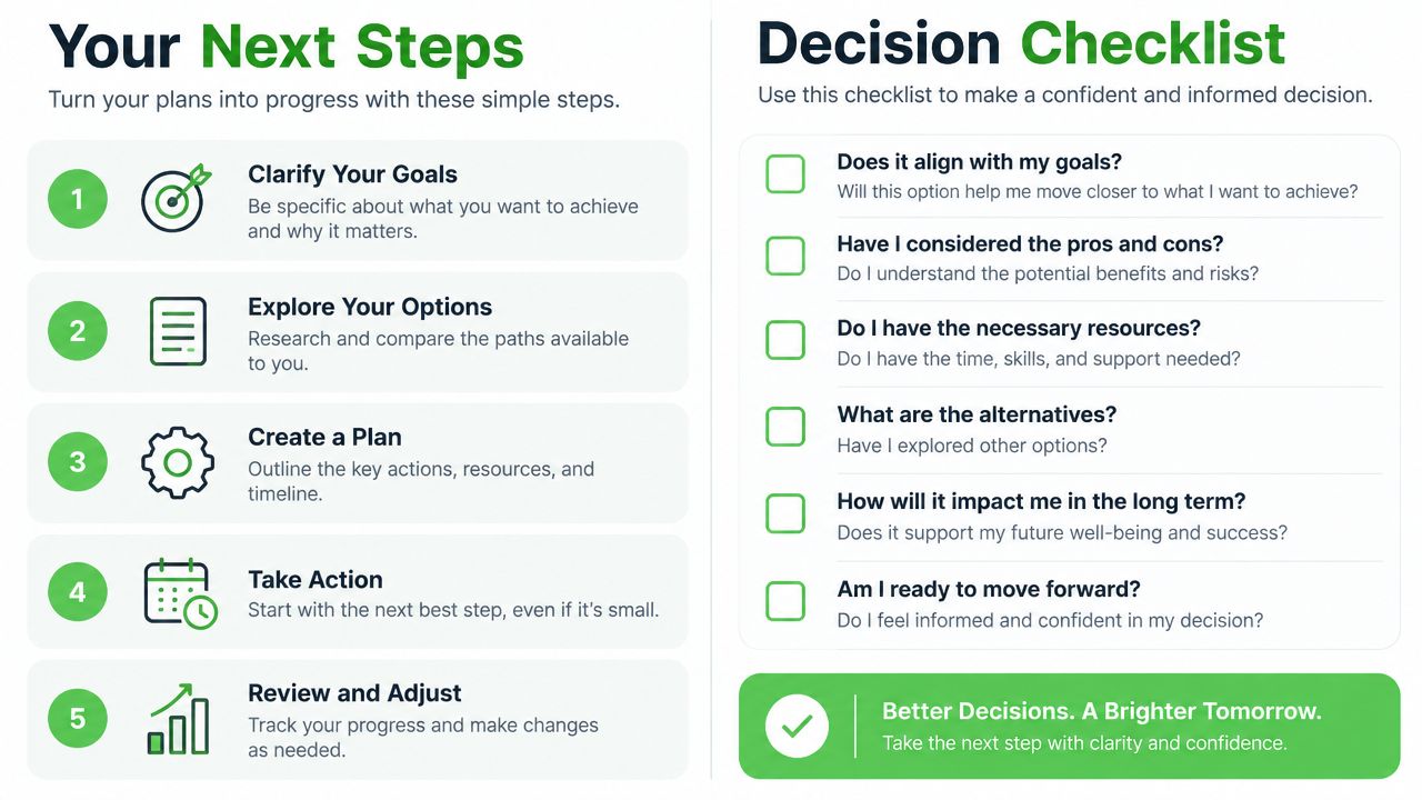 A professional infographic titled Your Next Steps and Decision Checklist, showing numbered steps and guiding questions.