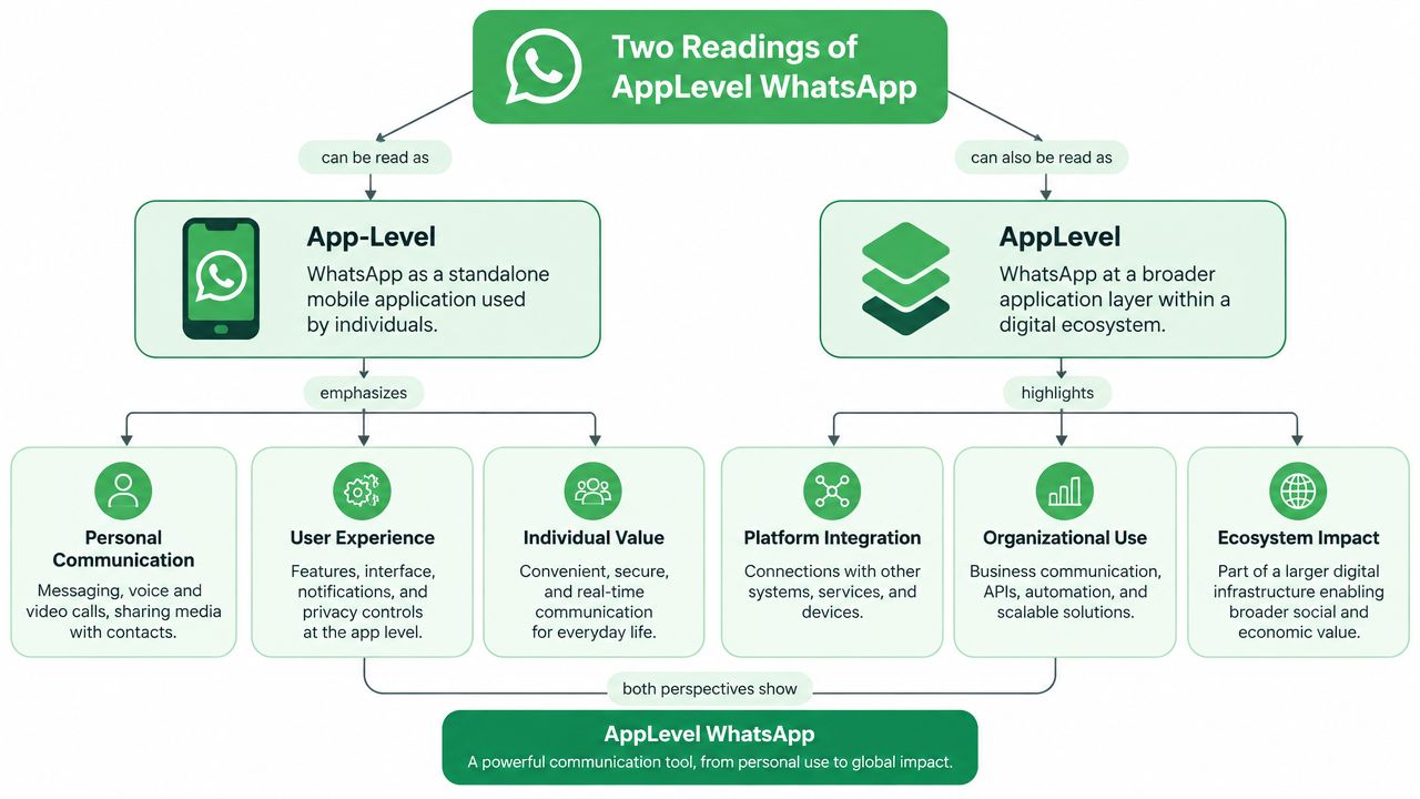 A diagram comparing App-Level WhatsApp as a personal tool versus an application layer in digital ecosystems.