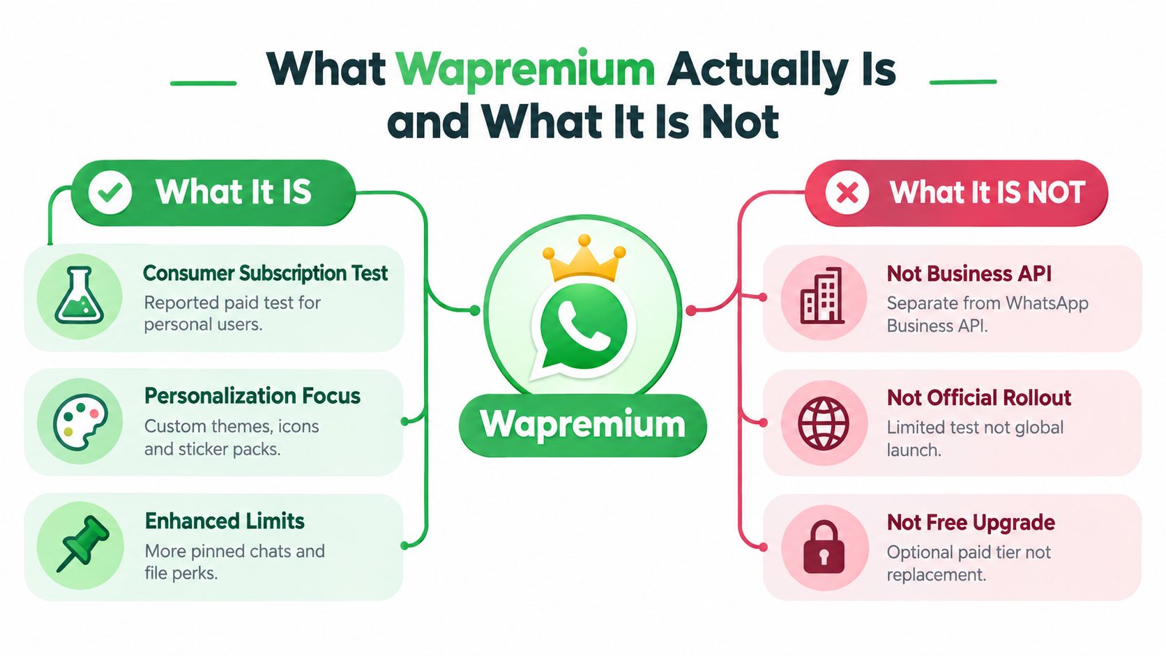 An infographic comparing what Wapremium is and is not for personal WhatsApp users with feature highlights.