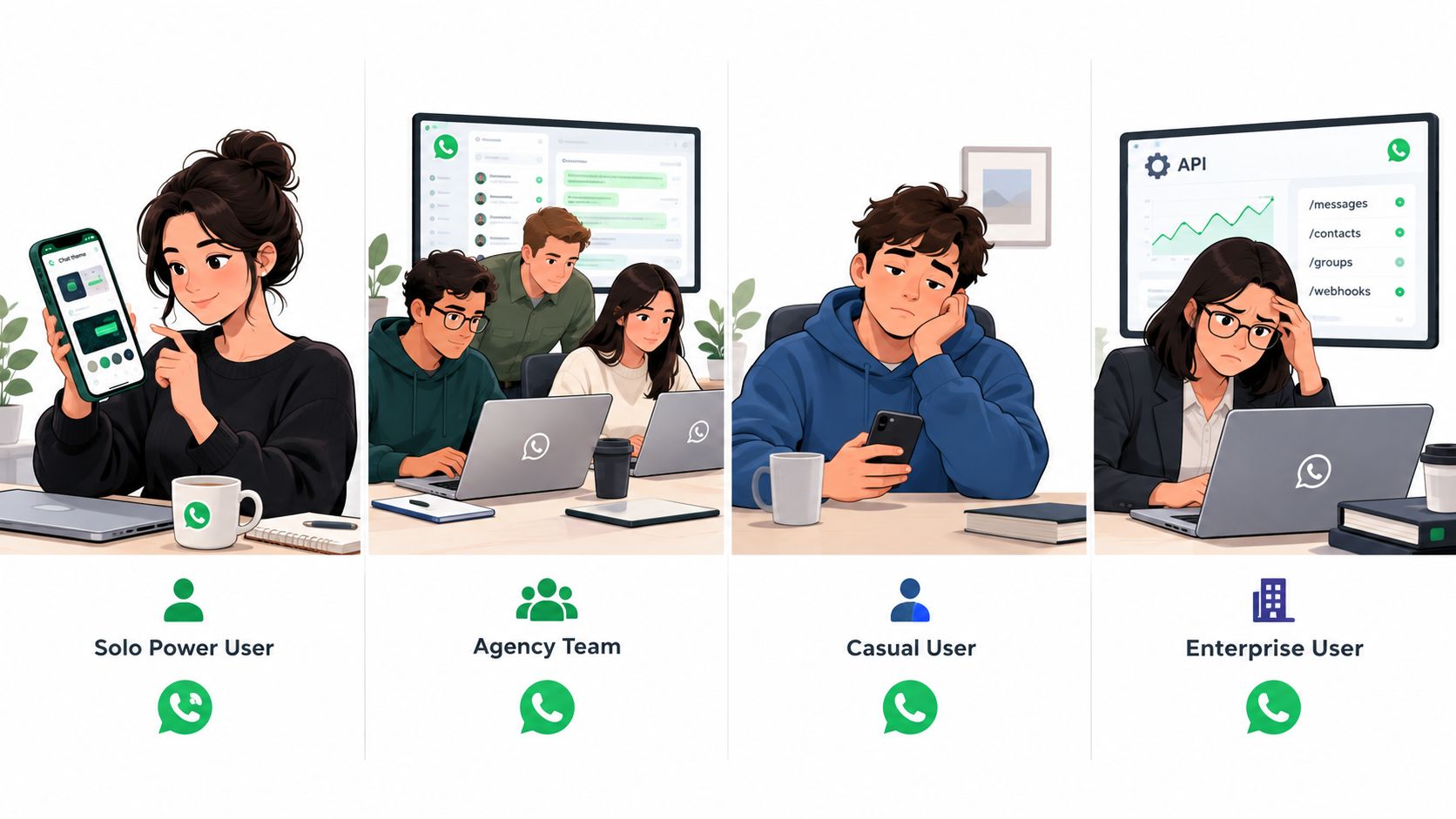 Four different user types illustrated with WhatsApp branding, showcasing individual, team, casual, and enterprise usage scenarios.