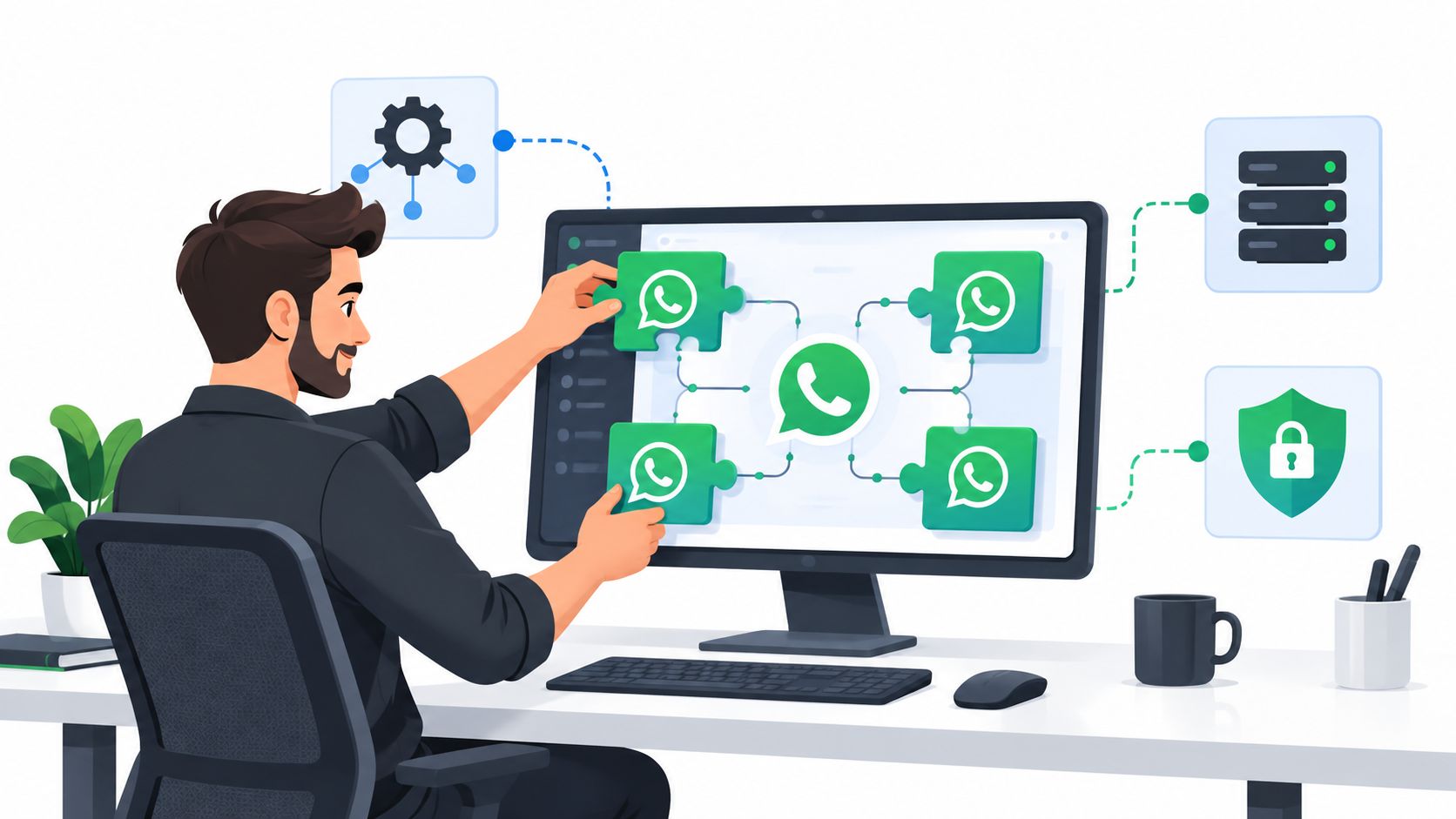 A professional developer arranging WhatsApp integration puzzle pieces on a computer screen in a digital workspace.