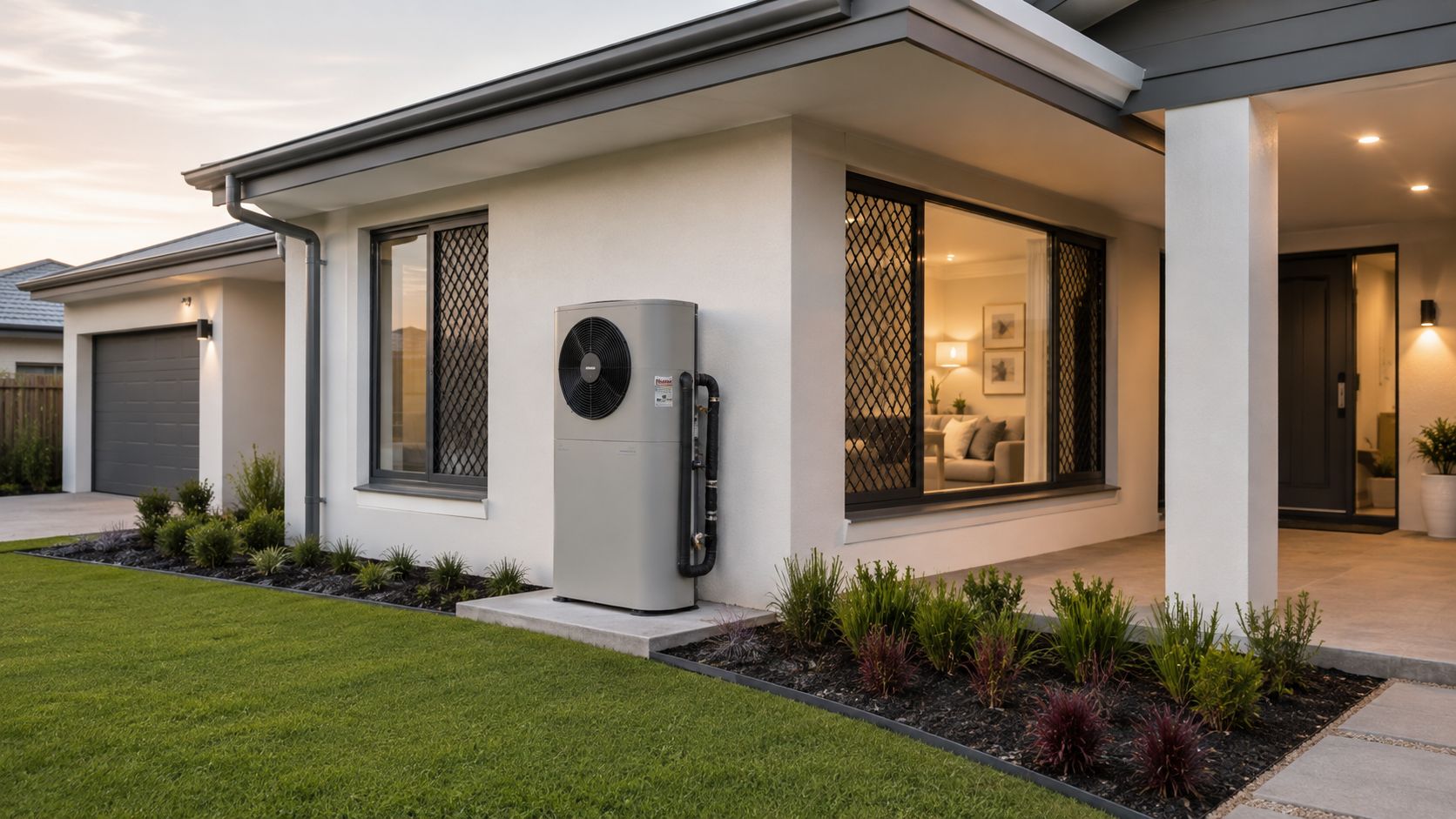 A Modern Residential Heat Pump Installation Placed On A Concrete Slab Next To A Contemporary Suburban House.