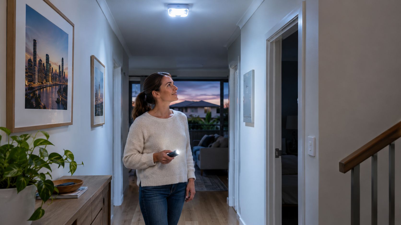 A Woman Holding A Flashlight Stands In A Residential Hallway While Testing Emergency Home Safety Lighting.
