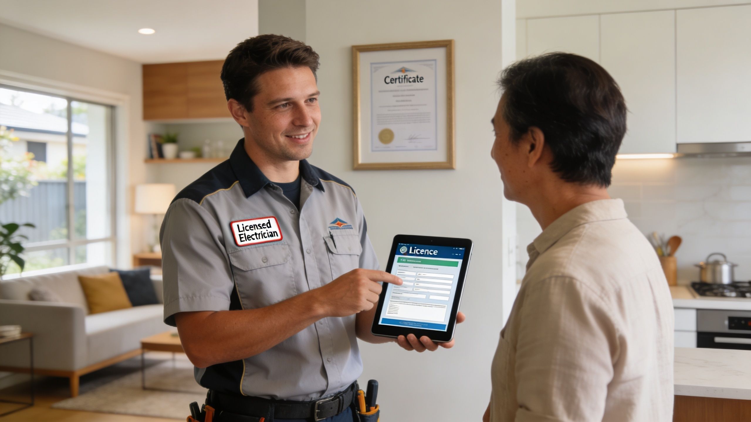 A Friendly Licensed Electrician Explains A Digital Service Form On A Tablet To A Home Owner.