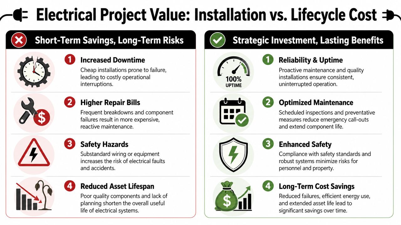 A Comparison Chart Showing The Benefits Of Quality Electrical Installations Versus Short-Term Cost Savings And Risks.
