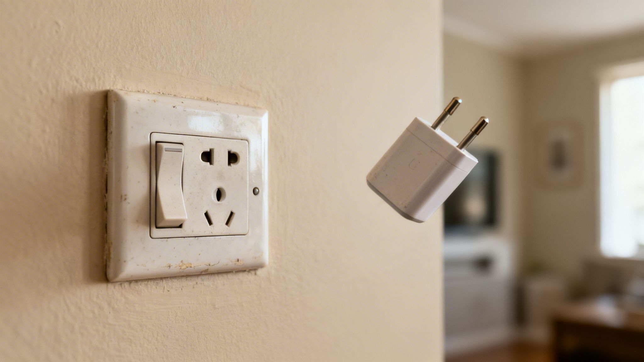 A Dirty White Electrical Wall Outlet With A Switch And Universal Sockets, Next To A Floating White Charger Plug.