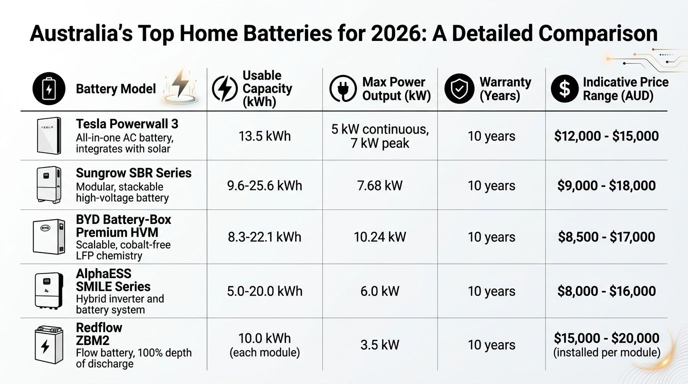 A Comparison Table Of The Top Home Battery Systems In Australia For 2026 Showing Specifications And Pricing.