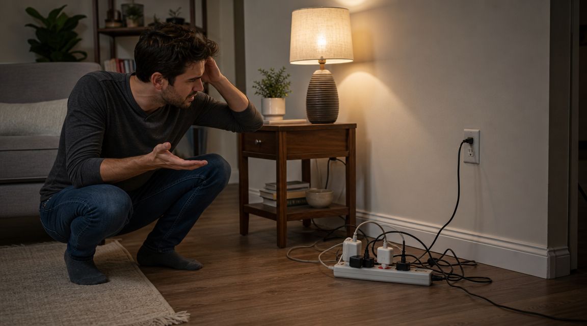 A Concerned Man Crouches On The Floor, Looking At An Overloaded Power Strip Plugged Into A Wall Outlet.