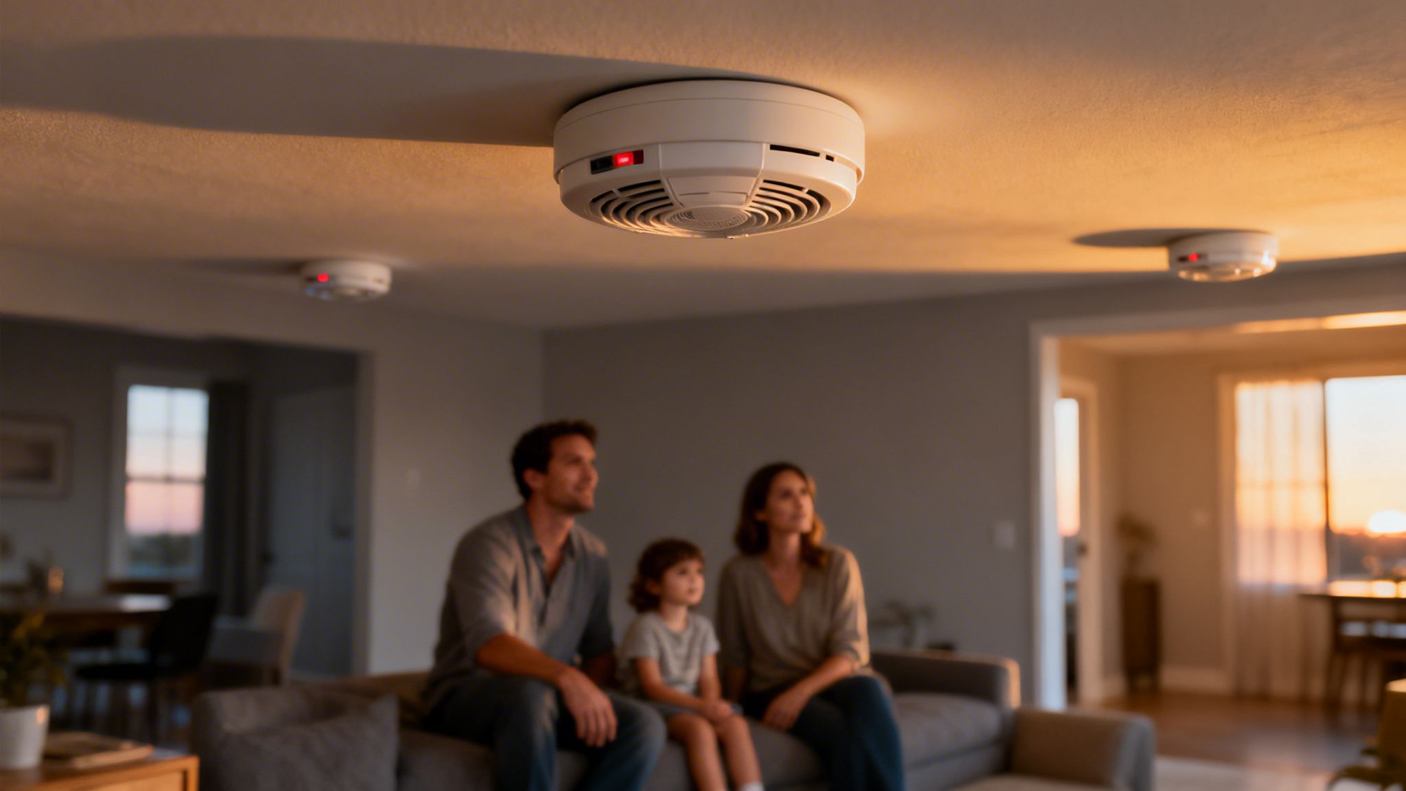 Your Guide To Brisbane Smoke Alarms Solutions 1 A Family Looks Up At A Smoke Alarm With A Red Indicator Light On A Ceiling.