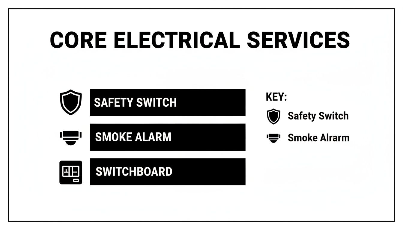An Image Outlining Core Electrical Services With Icons For Safety Switch, Smoke Alarm, And Switchboard.