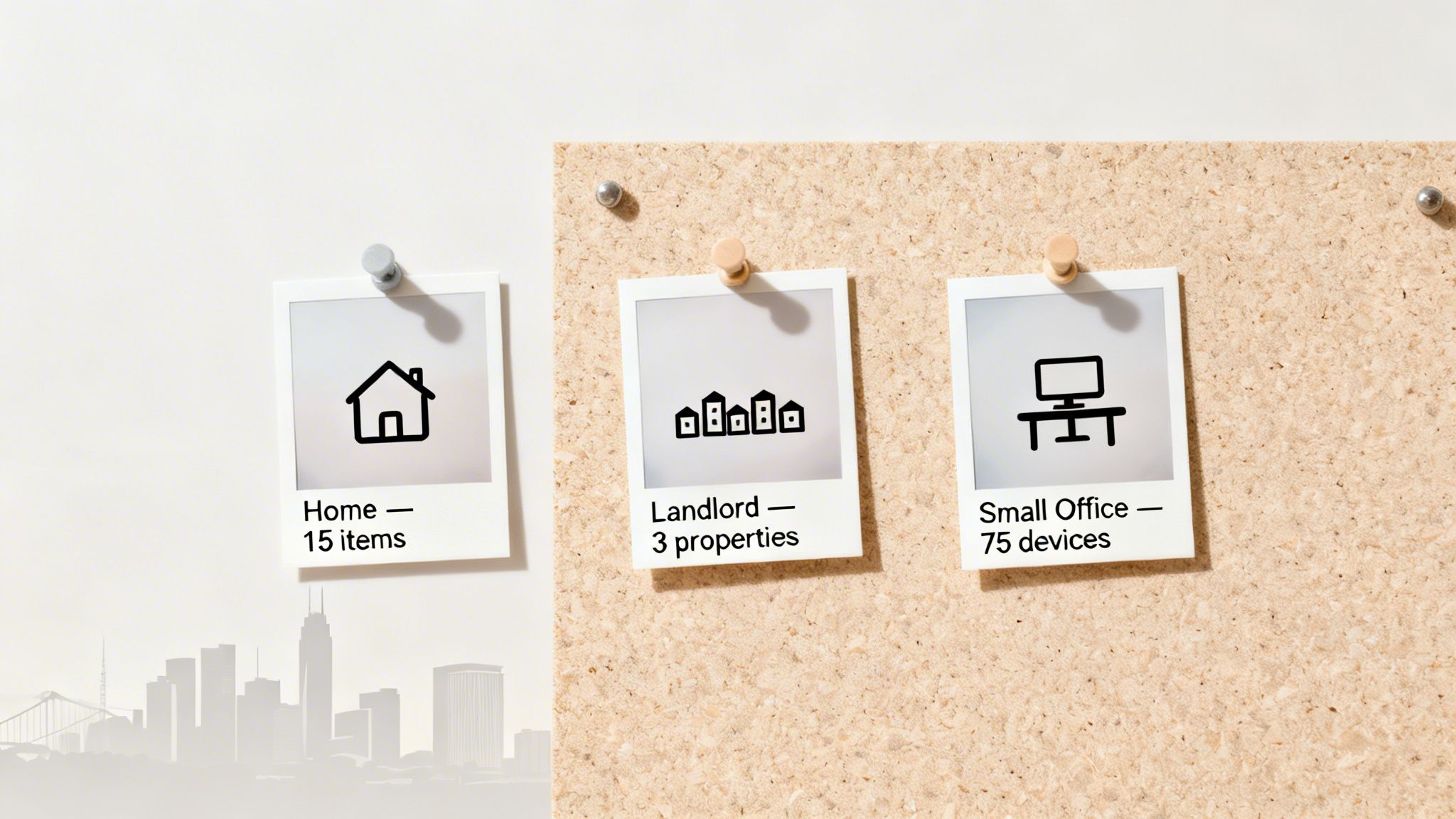 Three Polaroid Photos Pinned To A Cork Board, Illustrating Home, Landlord, And Small Office Property Types With Details.