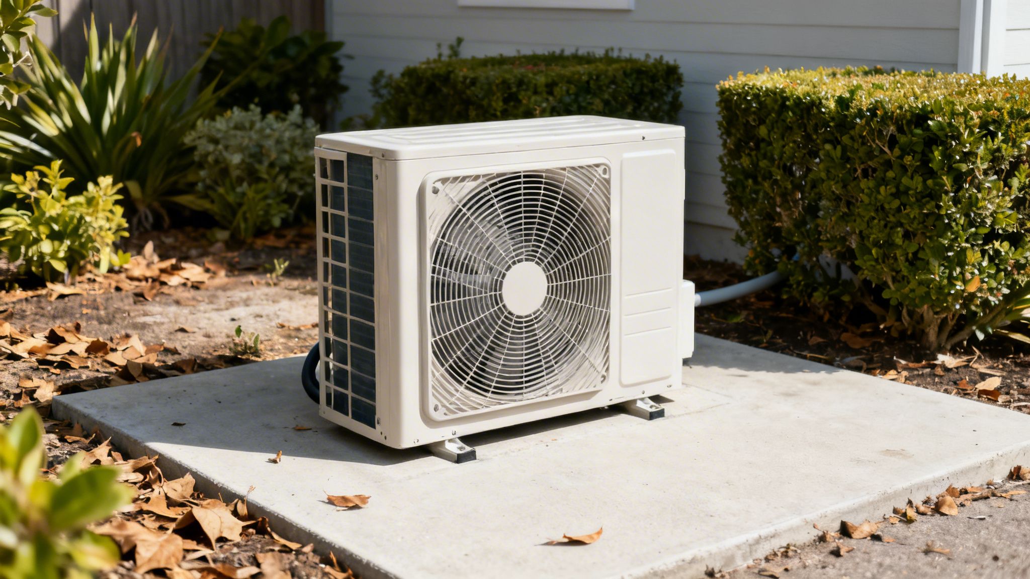 An Outdoor White Air Conditioning Unit On A Concrete Pad Surrounded By Green Bushes And Fallen Leaves.