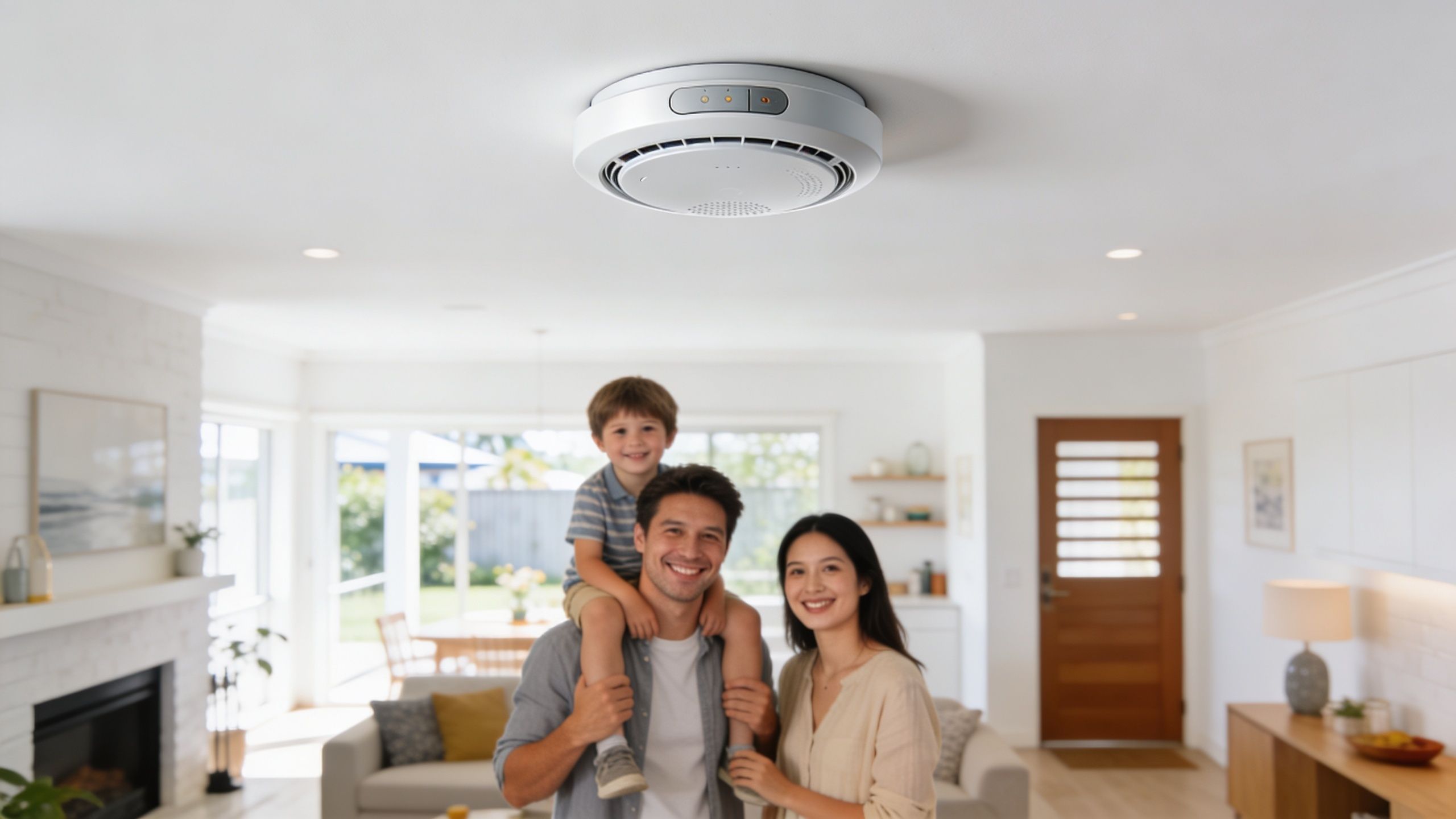 A Happy Family Standing In Their Bright Living Room Beneath A Modern Ceiling-Mounted Smoke Detector.