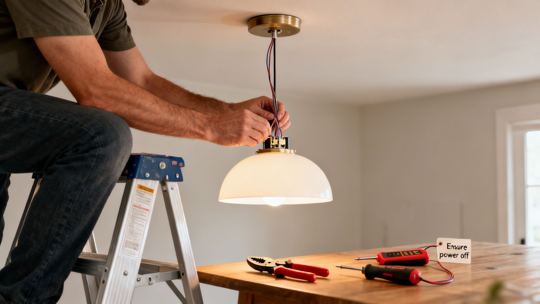 How To Wire A Ceiling Light A Guide For Brisbane Homeowners 2 A Person On A Stepladder Installs A New Ceiling Light Fixture, Connecting Electrical Wires.