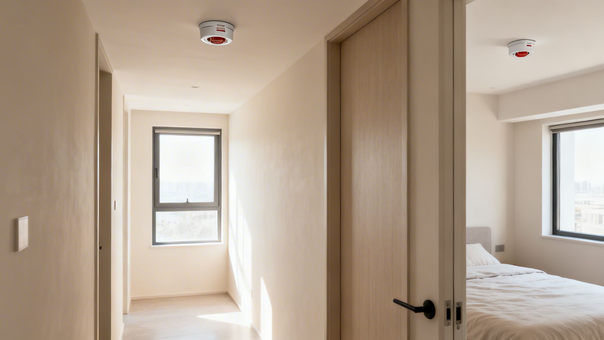 Your Guide To Brisbane Smoke Alarms Solutions 3 Modern Apartment Hallway Featuring A Window, Light Walls, And Two Essential Smoke Alarms.