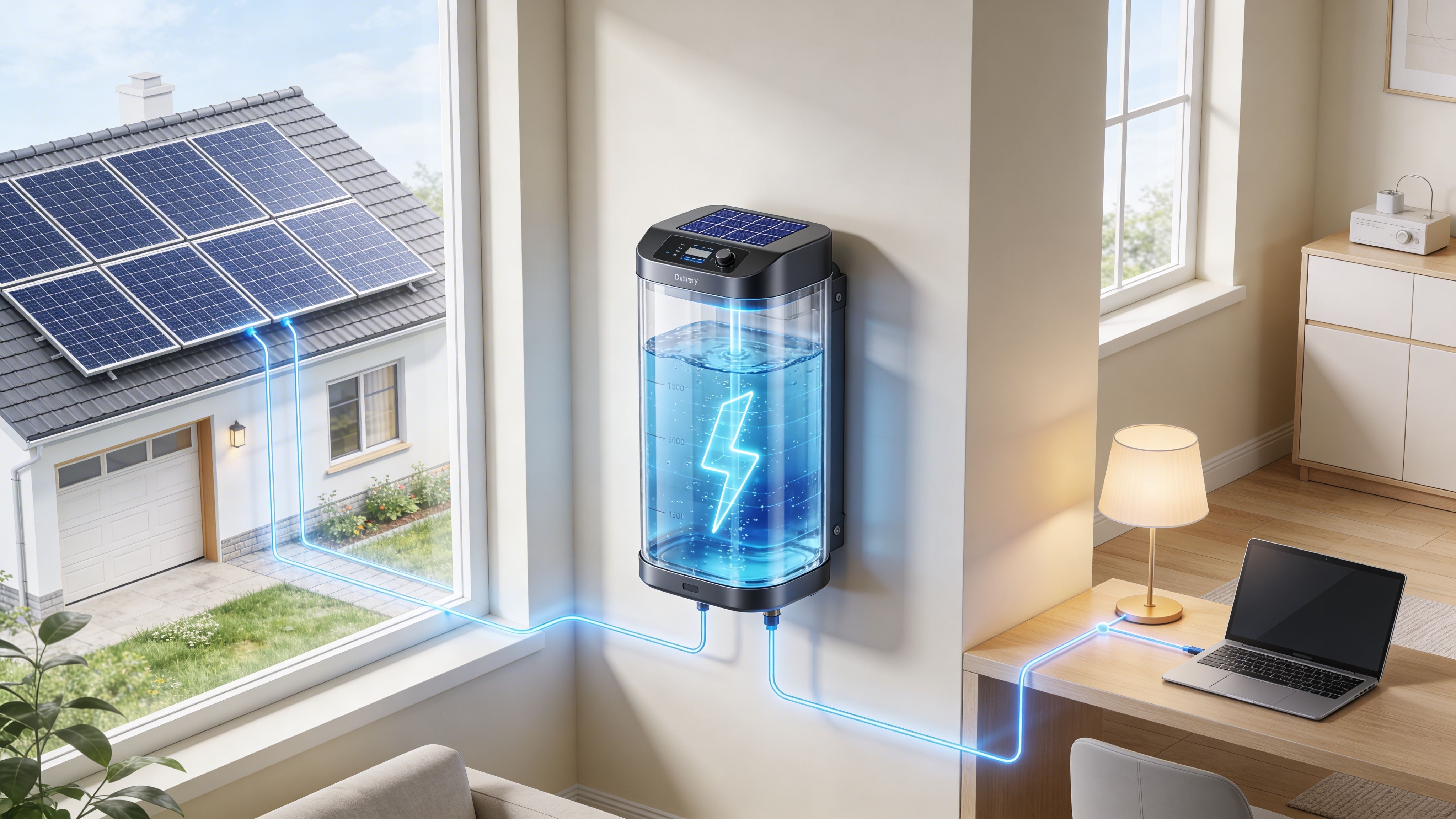 Are Solar Batteries Worth It? A Brisbane Guide (2026) 1 A Modern Wall-Mounted Water-Based Home Battery System Connected To Solar Panels And Powering A Laptop And Lamp.